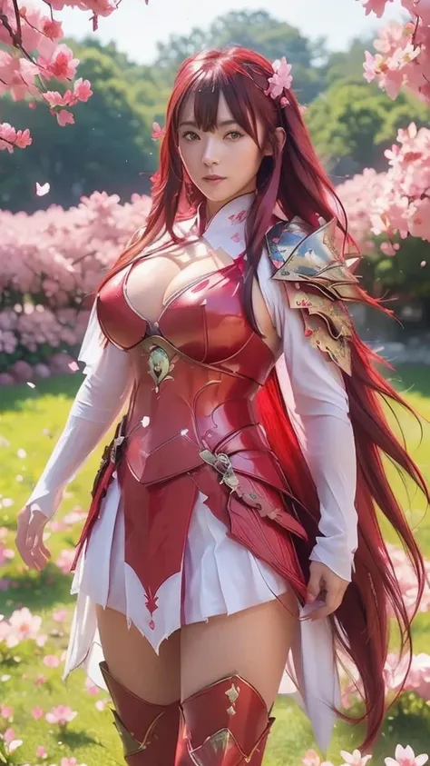 A sexy female character wearing red armor as a warrior from the Warring States period、((realistic))、((Medium long hair))、((Cherry red hair))、((toned body))、(glistening skin)、 tight body、((mega breasts 1.8))、 plump breasts 、 plump thighs 、 The red armor wit...