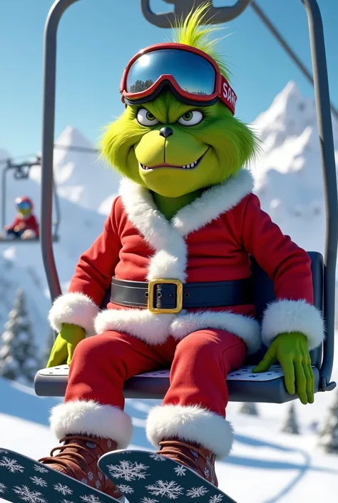 The image shows the Grinch, the famous Christmas character with green skin and a grumpy expression, sitting on a ski lift in a snow-covered mountain setting. He is wearing an adapted version of Santa Clauss costume: a red coat with white fur trim, red pant...