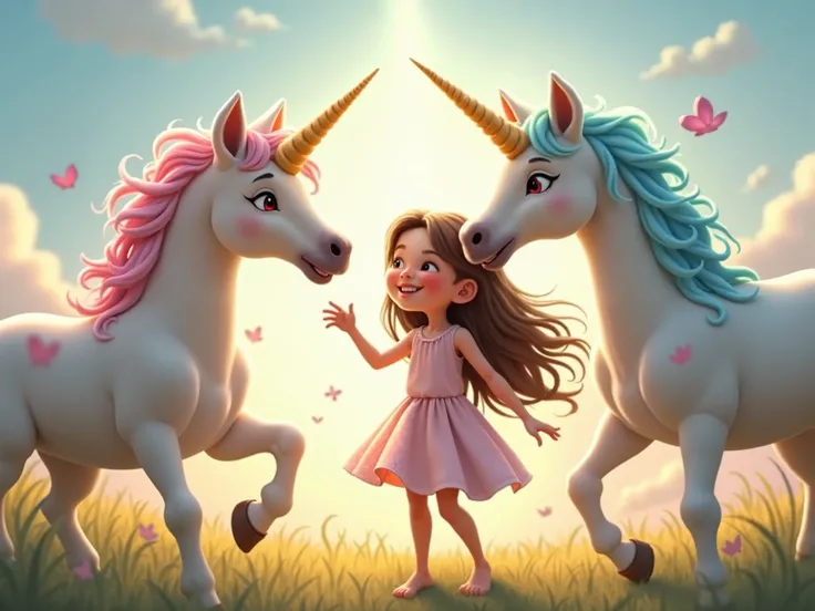 Rumeysa stands in front of a group of unicorns, their majestic forms glowing softly under the magical light surrounding them. The white skin on her face is lit with excitement, and her big, bright eyes sparkle in awe as she gazes at the unicorns, their shi...