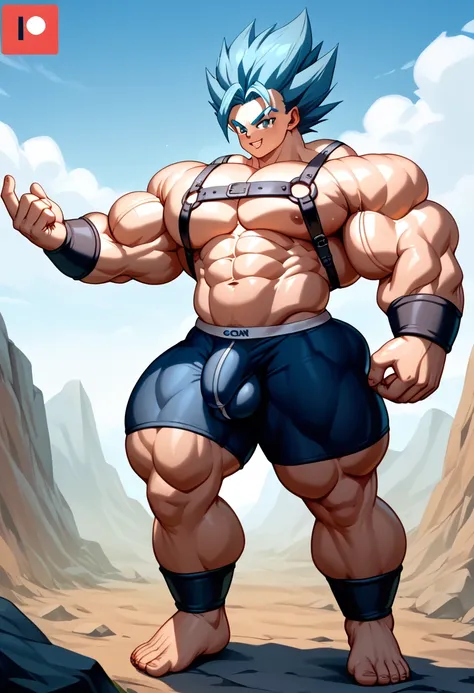  top quality,Anatomical, Big Muscles , Vegeta and Kogenta mix,Demon Body,Sexually attractive gestures,shiny skin, growing skin, taken over by the devil , He smiles wickedly ., armband, bracers,Harness,gigantic penis,4K, full body, male focus,  ten-pack-abs...