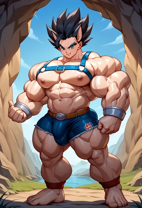  top quality,Anatomical, Big Muscles , Vegeta and Kogenta mix,Demon Body,Sexually attractive gestures,shiny skin, growing skin, taken over by the devil , He smiles wickedly ., armband, bracers,Harness,gigantic penis,4K, full body, male focus,  ten-pack-abs...