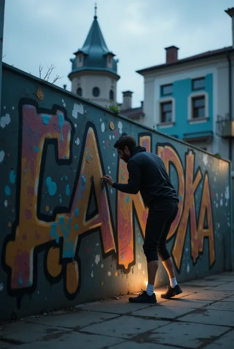 a graffiti artist painting a wall, hyperrealistic, detailed, dynamic composition, vibrant colors, urban setting, street art, detailed graffiti letters spelling "Zandka ", dramatic lighting, complex shading and textures, dynamic poses, gritty, photorealisti...