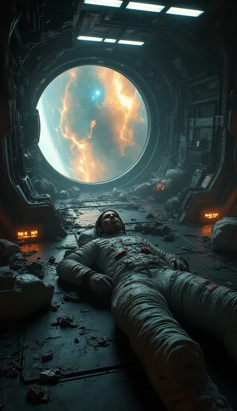 realistic photo, dark sci-fi, horror. woman and man, space suits and helmets, space shuttle crash in hangar of big space station, visible space and nebula in far background,  injured people, wrecked suits, holes in broken helmets visior, dynamic shot, cine...