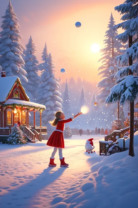 sunrise, Christmas, a girl throw a snowball to Santa Claus, snowball fight.
best quality, masterpiece, intricate details, ultra-detailed