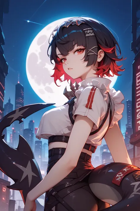 Ellen joe(zenless zone zero), black hair with red locks, red locks, red eyes, red nail, shark tail, black tail, futuristic city, night, moon
