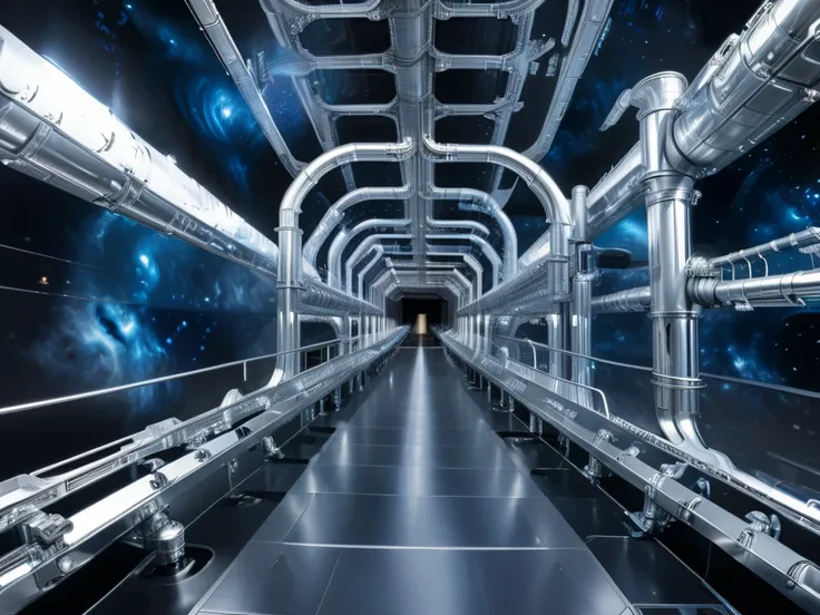 giant space station, polished shiny silver metal, thin shiny silver pipes, thin shiny silver girders, shiny metal walkways. background of deep black with blue and white swirls of stars, galaxies.  Wide angle shot

