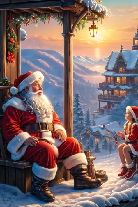 Santa Claus sit with a girl waiting sunrise.
best quality, masterpiece, intricate details, ultra-detailed