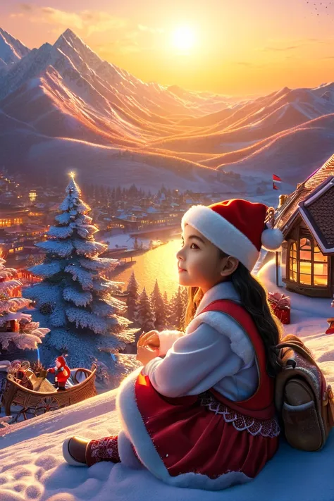 a girl sit with Santa Claus looking at sunrise.
best quality, masterpiece, intricate details, ultra-detailed