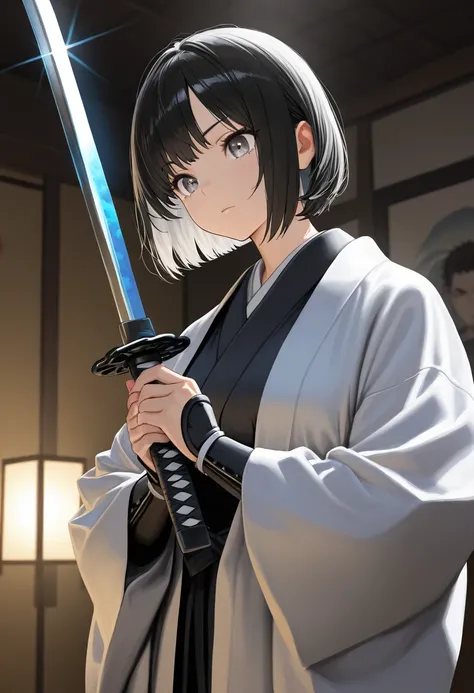  Japanese female samurai warrior holding a sharp, sparkling katana sword with both hands ,  Wearing a Traditional Kimono ,  short hair, bob hair, Gives strong concentration to gray eyes  ,  studio lighting,  Ultra Fine Painting,   sharp concentration, Phys...