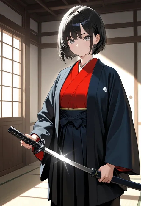  Japanese female samurai warrior holding a sharp, sparkling katana sword with both hands ,  Wearing a Traditional Kimono ,  short hair, bob hair, Gives strong concentration to gray eyes  ,  studio lighting,  Ultra Fine Painting,   sharp concentration, Phys...