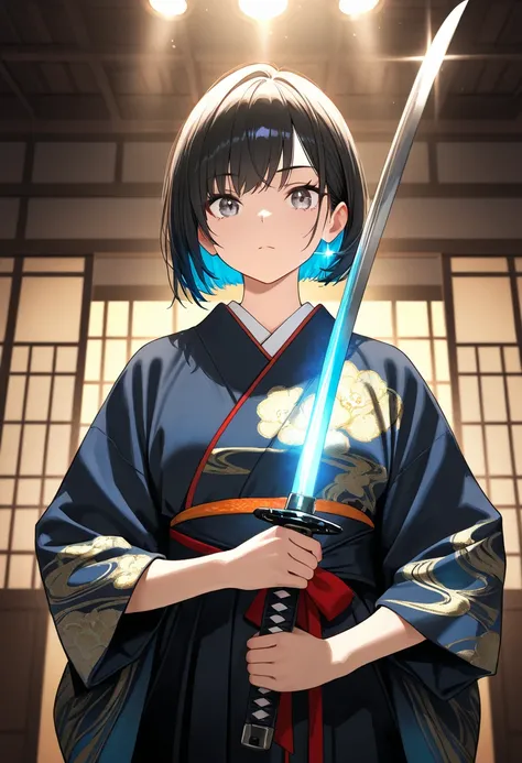  Japanese female samurai warrior holding a sharp, sparkling katana sword with both hands ,  Wearing a Traditional Kimono ,  short hair, bob hair, Gives strong concentration to gray eyes  ,  studio lighting,  Ultra Fine Painting,   sharp concentration, Phys...