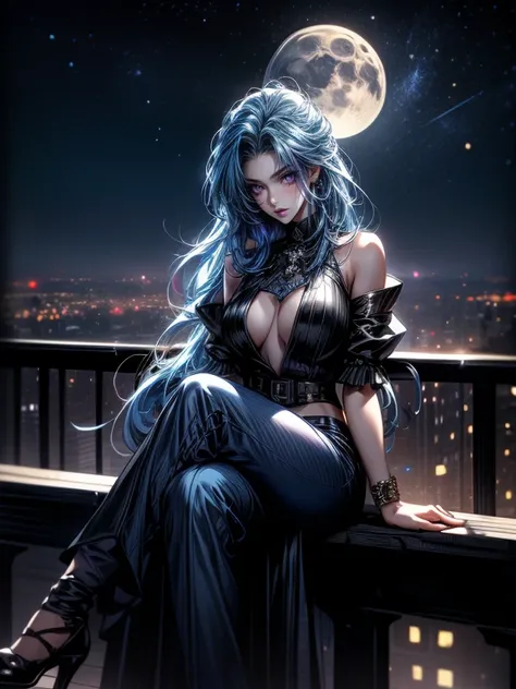 Masterpiece, best quality, high resolution, highly detailed, female, 1 young woman ( early twenties ), Pretty face, deep Azure blue hair( full blue hair), very long hair ( jinx from Arcane hair), very pale skin tone, wearing combat pants and black top, pur...