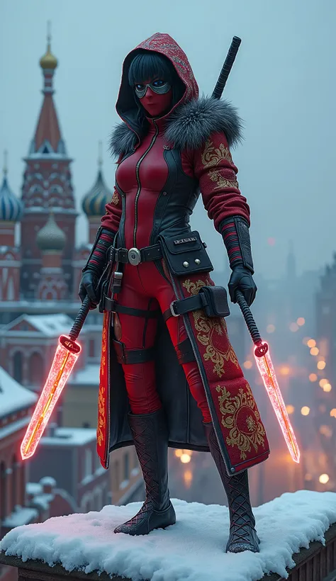 A hyperrealistic, ultra-detailed full-body depiction of a female character inspired by Deadpool and Russian culture. She has a powerful and statuesque physique, wearing a red-and-black suit lined with fur and adorned with traditional Russian patterns in go...