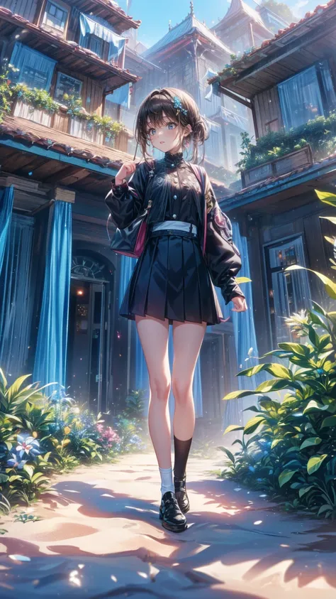  Overlooking the street level from a skyscraper、 Anime-Inspired Woman ,  1 girl, Alone,  skirt,  have , socks, mini  have , looking at viewer, gem, Black shoes,  Long Sleeve , black  skirt, white socks, pleated  skirt,  standing,  earrings, Black Head Orna...