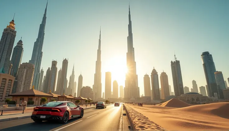 A stunning high-definition view of Dubai today, with the Burj Khalifa towering over the city. The scene features modern skyscrapers, luxury cars, and a sunny desert backdrop, showcasing Dubais opulence and rapid development