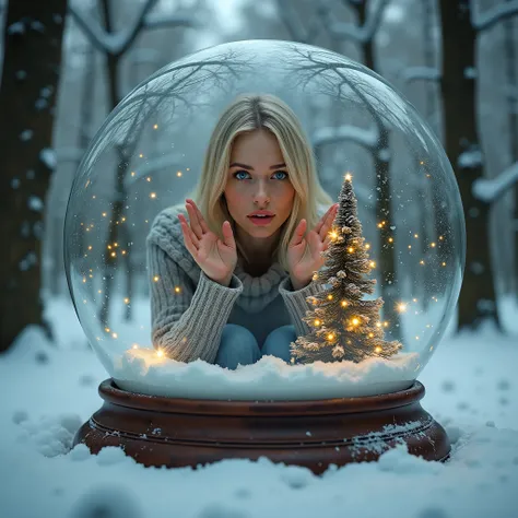 A large, antique transparent snow globe stands in a snowy forest. Inside the globe, a blonde woman with blue eyes is standing in full view. She is dressed in a grey knitted sweater and jeans, and she is leaning on the inside of the globe with her hands, ap...