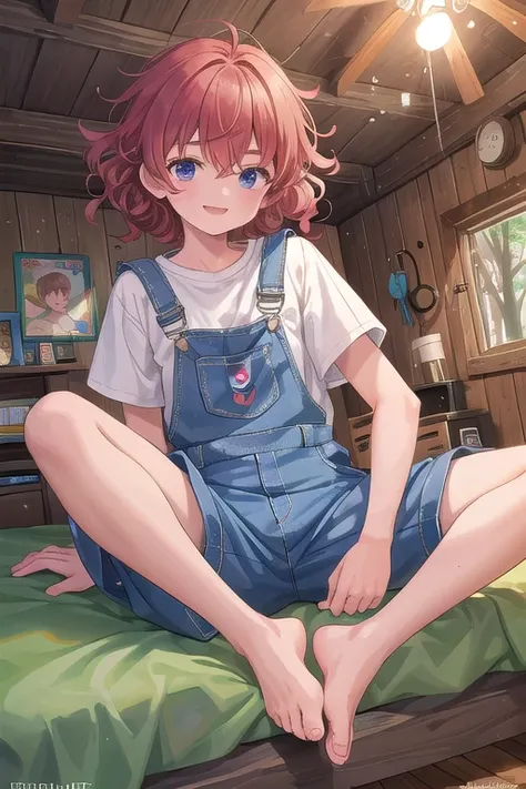 A teenage boy wearing Osh Kosh BGosh overalls. Logo on front pocket. Shirtless. In a large treehouse bedroom with branches. Barefoot. Undressing. Curly hair. He seems happy because he has made a lot of progress.