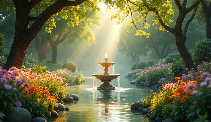 A peaceful garden with vibrant flowers, flowing water, and soft sunlight filtering through the trees. A fountain glows faintly in the center, symbolizing divine presence. The atmosphere is tranquil and welcoming. Photo-realistic, —ar 16:9.