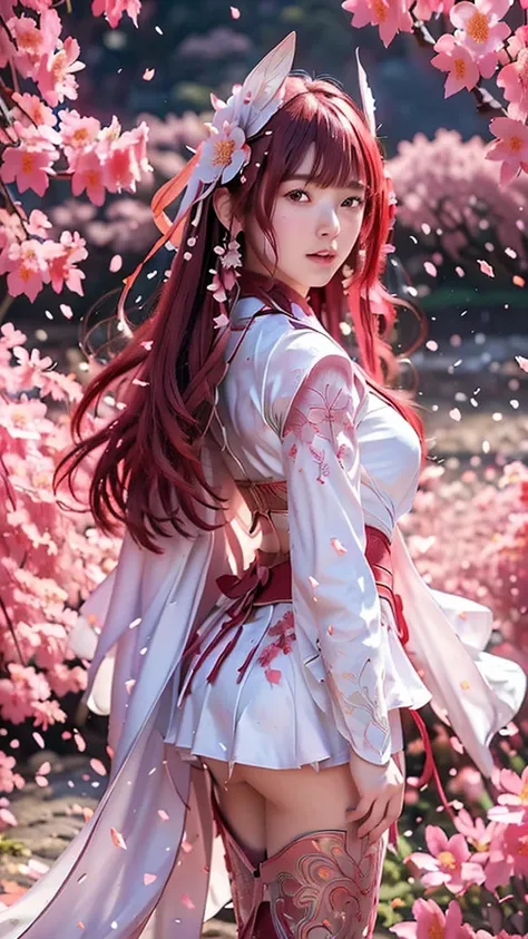 A sexy female character wearing red armor as a warrior from the Warring States period、((realistic))、((Medium long hair))、((Cherry red hair))、((toned body))、(glistening skin)、 tight body、((mega breasts 1.8))、 plump breasts 、 plump thighs 、 The red armor wit...