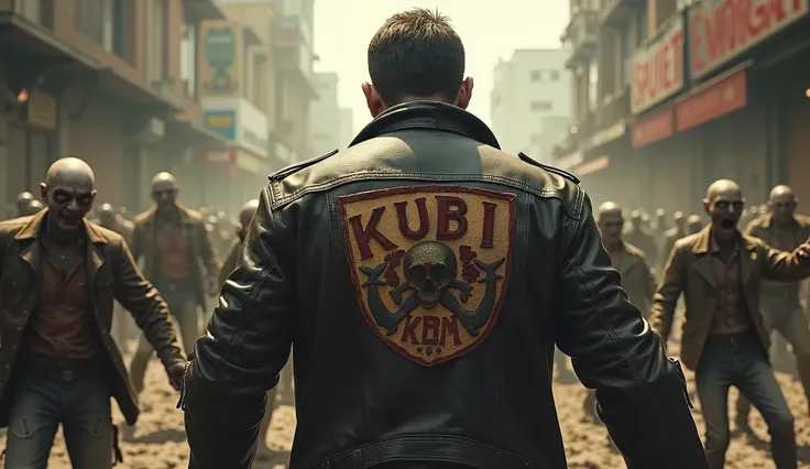 CREATE A MAN WHO IS IN ZOMBIE ATTACK WITH KUBI ON THE BACK OF HIS LEATHER JACKET