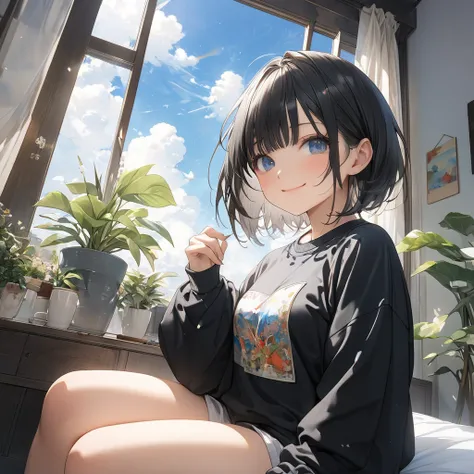  One of the high school students、smile、  close your mouth、、 black hair, bob hair, short haired (  small ;1.5)、 black oversized sweatshirt 、Moe Sleeve、  wariza、  sitting on the bed 、Houseplants、Blue sky seen from the window、 from below、(  perfect anatomy ),...