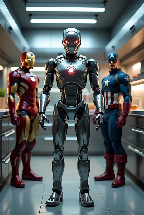 "A high-tech kitchen robot named Tasty-Bot 3000 stands in a futuristic kitchen. The robot holds various cooking utensils and its eyes glow red. Behind Tony Stark (Iron Man) proudly watches, Captain America stands suspiciously.  Yes. The kitchen is modern a...