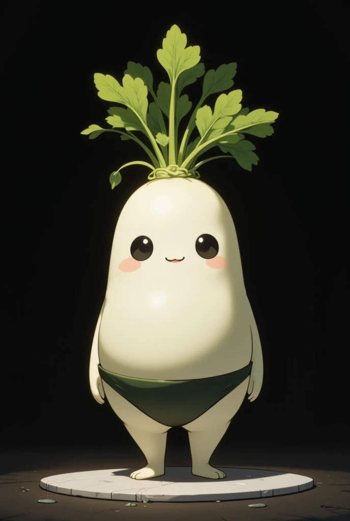 Product image, (Stand with daikon characters printed on it, thin acrylic board, A large daikon character(Flat colour anime style image showing) thinly printed on it,  dark eyes, leaf, smile,  wearing a swimsuit , Only the top edge is cut in the shape of a ...