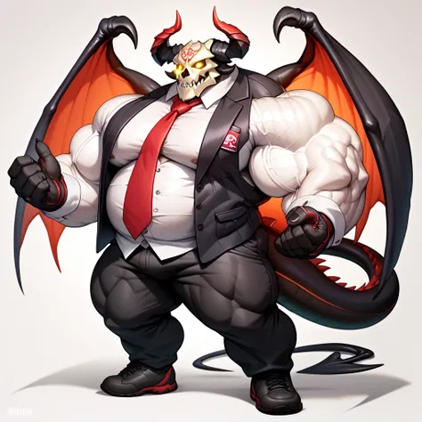 a man with a big giant musclegut tall wide body and big fat belly using black vest suit, white shirt, red tie, black pants, black gloves, and skull helmet which cover all of his head with horn on the both side. Full body, standing still, solo, 1 person, ve...