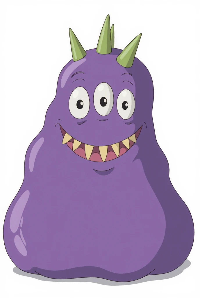 Purple cute giant slime-like monster on a white background with yellow sharpened teeth and three white eyes on its face and green spikes on the head.. Drawing of a  six year old . Character sheet.