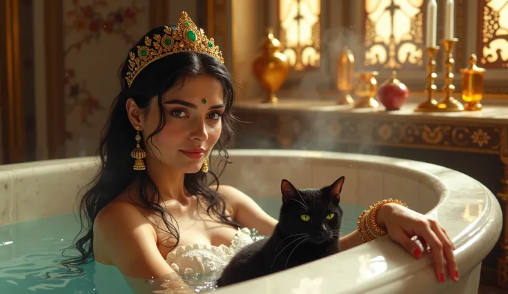 A breathtakingly realistic portrayal of a legendary Indian queen in her opulent bath chamber, suffused with an air of seductive allure. The queen reclines gracefully in a sunken marble tub filled with steaming, rose-petal-infused water, her glowing fair-wh...