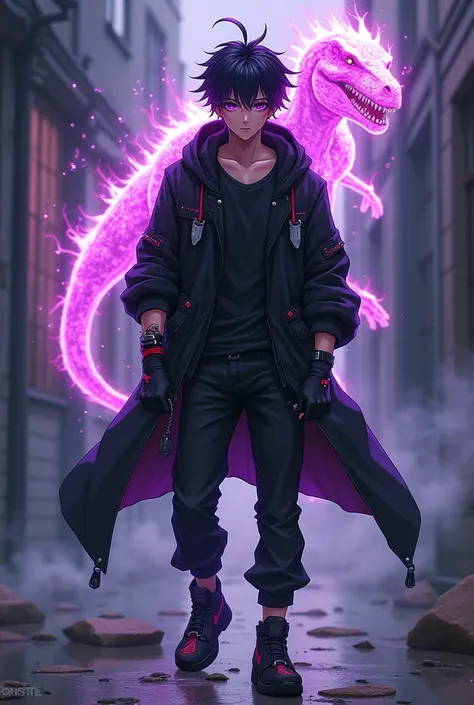 Seventeen-year-old anime boy with black hair fuss with purple tips purple eyes marked and muscular physique wearing a scared black t-shirt a black hooded jacket with knife guards black gloves black pants black sports shoes with red spurs with a velocirapto...