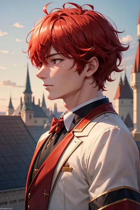  One young man ， Red Shorthair，Castle rooftop， animated illustration，Wind Wears ，Knights Outfit ， everyone thinks his face is cute and well-groomed，  is high definition ,   well-groomed face seen from a sense of distance，  Anatomically Correct ，Accurate，  ...