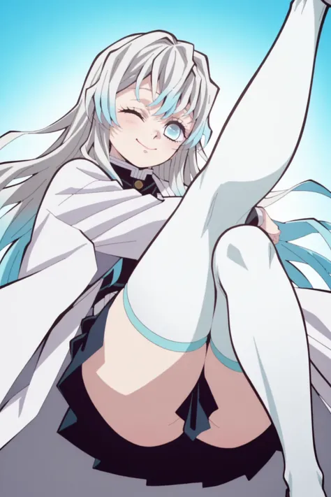 1girl, solo, bright blue , very long hair, blue eyes, white haori, demon slayer uniform, white stockings, sexy legs, wink, sweet pose, 