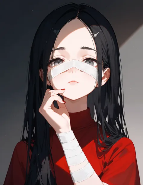 Abigail,Black hair,Eyes Black & Gold , Black-Red Bandage Dress,cool,Bangs,Rubbing eyes,Red Shirts,In the grey eyes