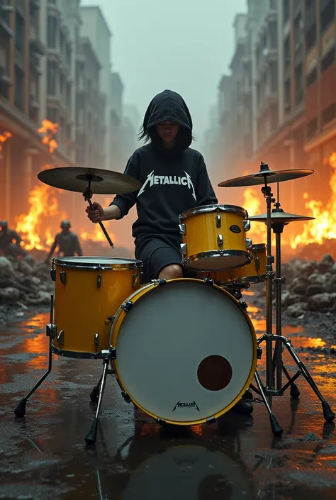 drummer, little hair, hooded dress,  blouse printed with the symbol of the band Metallicar ,  playing their full yellow two-tone drum kit ,  on the street of the war-torn city on fire at night, rain,  bodies of dead soldiers lying on the floor ,  