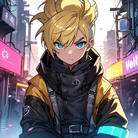 1boy,cyberpunk,Solo,Shota,blonde hair blue eyes badass leather golden Jacket with a logo of white wolf on the back, large black tank-top,black jeans,half black gloves,Thick Hair with Undercut with short ponytail,blonde eyebrows,Shota male,young , retro, ne...