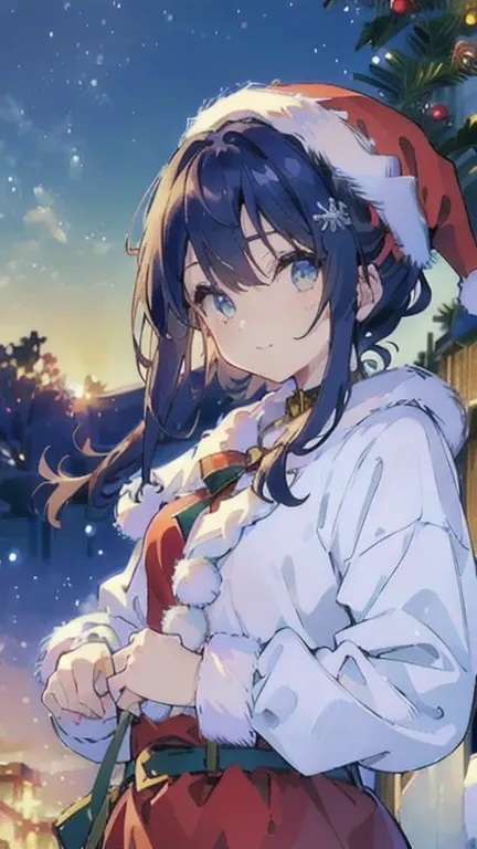 (  Masterpiece  , top quality,  top quality,  official art, beautiful、 and aesthetic:1.1), night、 Christmasのイルミネーション:1.2、(( Christmas:1.4))、大きな Christmasツリー,  one girl,  Im looking like Santa Claus , Santa hat, smile