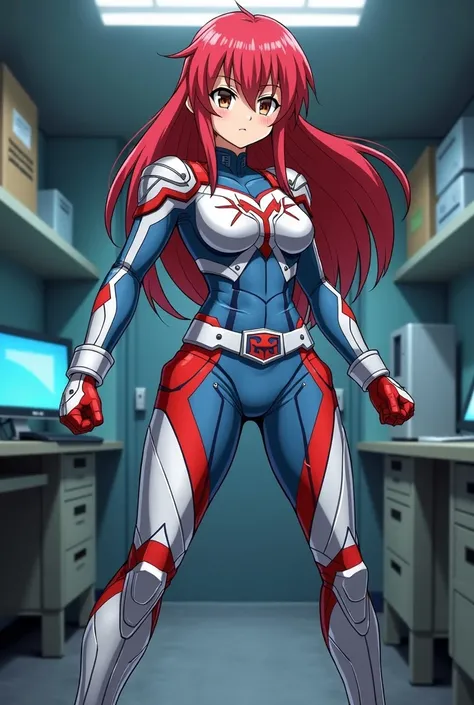 My Hero Academia Style , Anime girl, female, young female ,Full Body Shot,(Fighting Stance:1.3),Long hair, Red Hair,  Brown Eyes,Hero Suit, Full Body Suit, Silver suit with Red and Blue details,perfect anatomy,  Toughened Abs,super detailed,(Computer room)