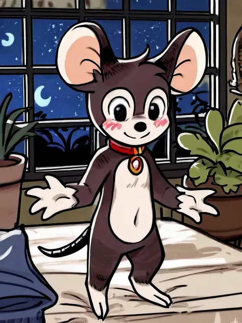  mouse boy,robust,doll,Round ears,black eyes,( black nose ), Short tail ,Three toes  , four fingers ,  brown body ,thin, white chest ,White belly,White Hand,  white feet,Collar,night,indoor,(bedroom,window,Potted plants),On the bed,Night Light,2D,((  is th...