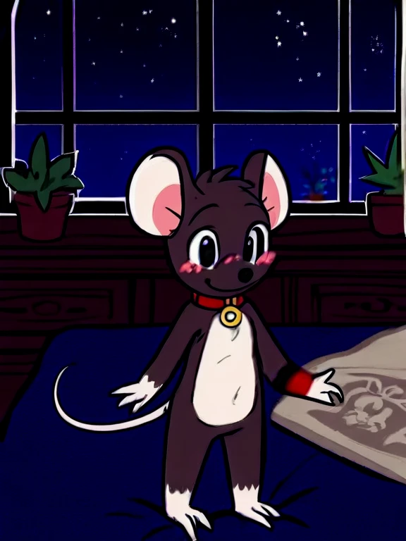  mouse boy,robust,doll,Round ears,black eyes,( black nose ), Short tail ,Three toes  , four fingers ,  brown body ,thin, white chest ,White belly,White Hand,  white feet,Collar,night,indoor,(bedroom,window,Potted plants),On the bed,Night Light,2D,((  is th...