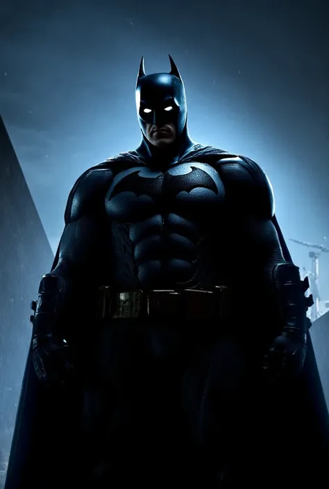 Poster,character art of Batman standing in dark shadow, wearing his tactical suit. His face reflects determination and seriousness, Broad shoulders and strong arms, glowing eyes, midnight hour, darkness in atmosphere, windy chilly night, mysterious vibe, c...