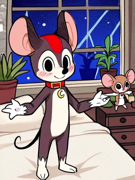  mouse boy,robust,doll,Round ears,black eyes,( black nose ), Short tail ,Three toes  , four fingers ,  brown body ,thin, white chest ,White belly,White Hand,  white feet,Collar,indoor,(bedroom,window,Potted plants),On the bed,Night Light,2D,((  is the best...