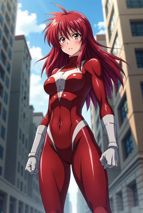 My Hero Academia Style , Anime girl, female, young female ,Full Body Shot,(fighting stance:1.3),Long hair, Red Hair,  Brown Eyes,Hero Suit, Full Body Suit, red suit with white details, perfect anatomy,  （Toughened Abs）,super detailed,(Buildings:1.2）