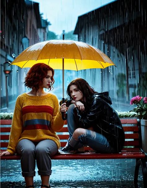 there are two women sitting on a bench under an umbrella, rainy mood, after rain and no girls, under rain, lgbt art, rain!!!!, fanart, alena aenami and lilia alvarado, by irakli nadar, rainy evening, rainy afternoon, fan art, in the art style of bowater, ☁...