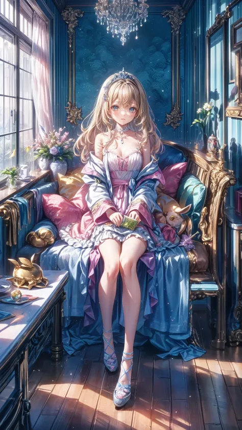 (8k,  top quality,   Masterpiece  : 1.2),   ultra high resolution  ,,  Marie Antoinette ,  super detailed face ,fine grain,  please open your mouth slightly  ,( blonde alone), long hair,   Wavy Hair  , break,Rococo Ruffle Dress,Long sleeve dress,  dress fo...