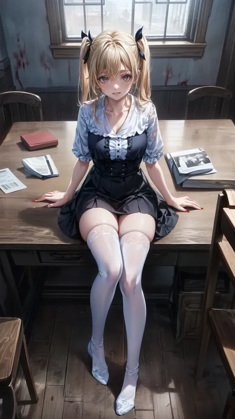 (HigheSt quality,4K,High reSolution,maSterpiece:1.2), very detailed,RealiStic:1.37,とてもbeautiful girl,  wearing white stockings  ,Wearing white StockingS, blonde alone, blonde alone Hair,Long twin tailS, watching the audience,high School、Dilapidated School ...