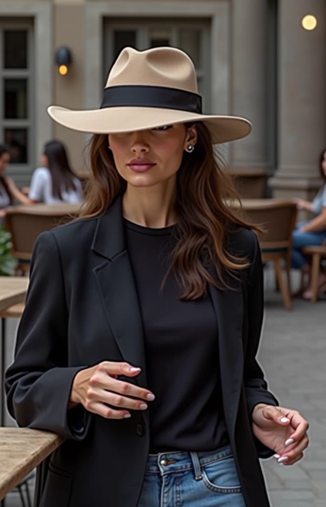 Generate a variation of a Spanish woman, glamorous and powerful in daylight with a hat on her head hiding her face a little, reminiscent of a rich woman, relaxed travel photo setting, in a restaurant, very tall and realistic photo, without looking at the c...