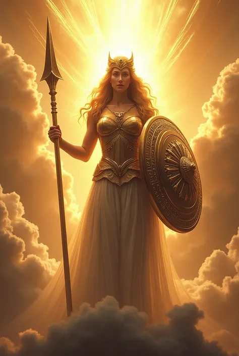  An epic moment where Athena emerges fully armed from Zeuss forehead,  surrounded by golden rays and swirling clouds . Her figure is imposing and majestic ,  with a shining spear in one hand and a shimmering shield in the other .
