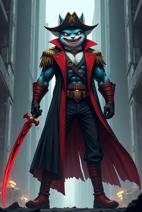  Hiroki he shark , furry shark , tiburon,  yellow eyes ,  sinister smile , muscular,  futuristic dark commander costume ,  red combat boots , red gloves, Anime style, Beastars style ,  full body,  hierarch of Arcadia , military, furry shark , arte conceptu...