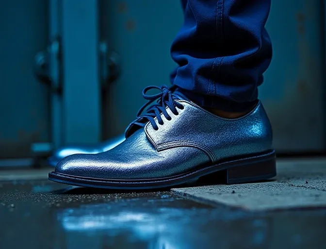 silver policeman’s shoe Indigo liquid catch on metal door ,flickering light ,  high resolution,  Masterpiece, precise,  muscle dumbbells, Golden eyes,  face up,  Motion Lines,  Small Pattern Picture , Image Filling, 